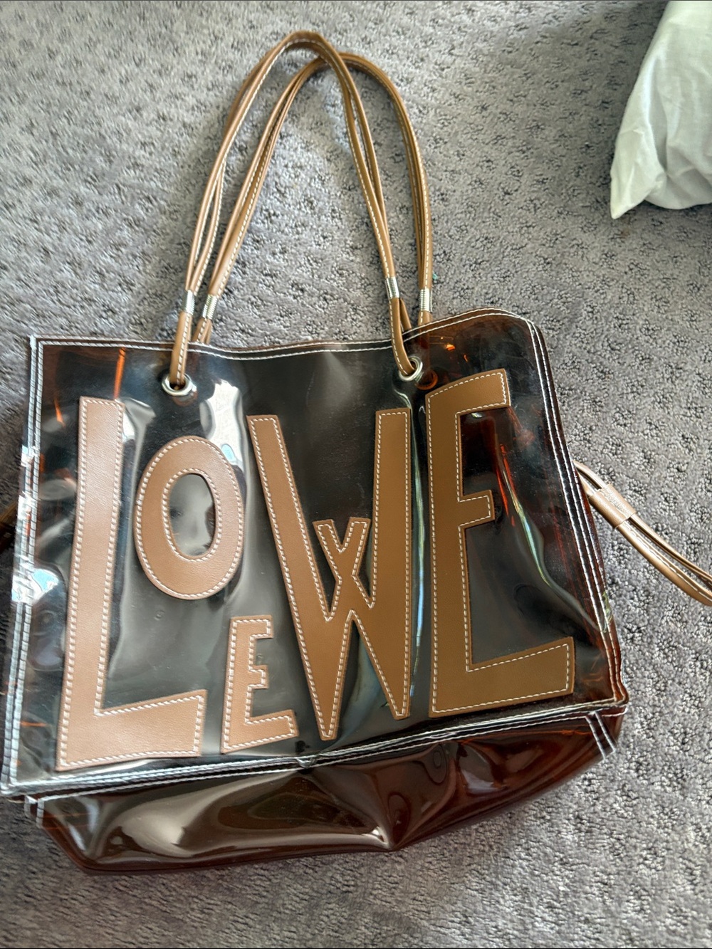 Copy Loewe Clear Tote Bag with Brown Lettering and Handles
